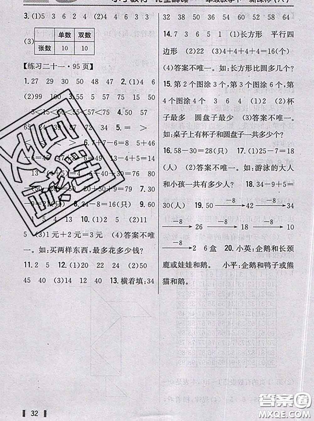 人民教育出版社2021年課本教材一年級(jí)數(shù)學(xué)下冊(cè)人教版參考答案