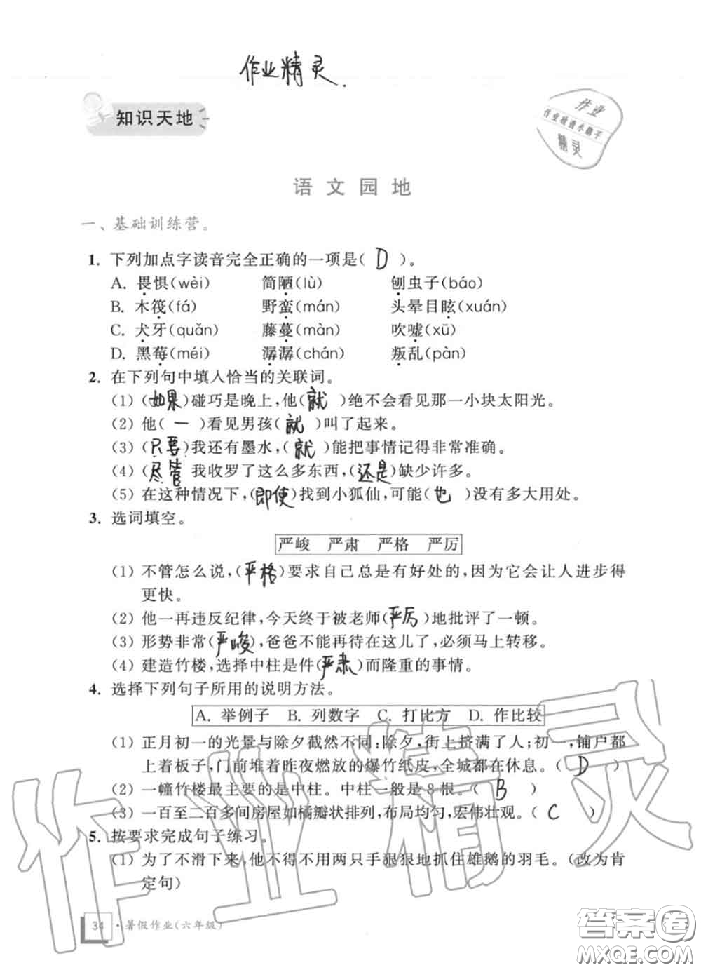 教育科學(xué)出版社2020暑假作業(yè)六年級合訂本通用版參考答案