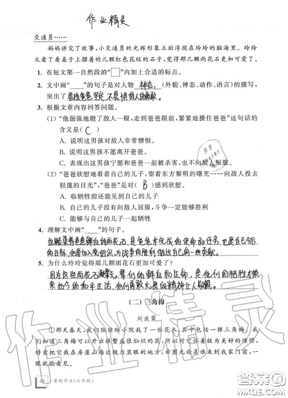 教育科學(xué)出版社2020暑假作業(yè)六年級合訂本通用版參考答案