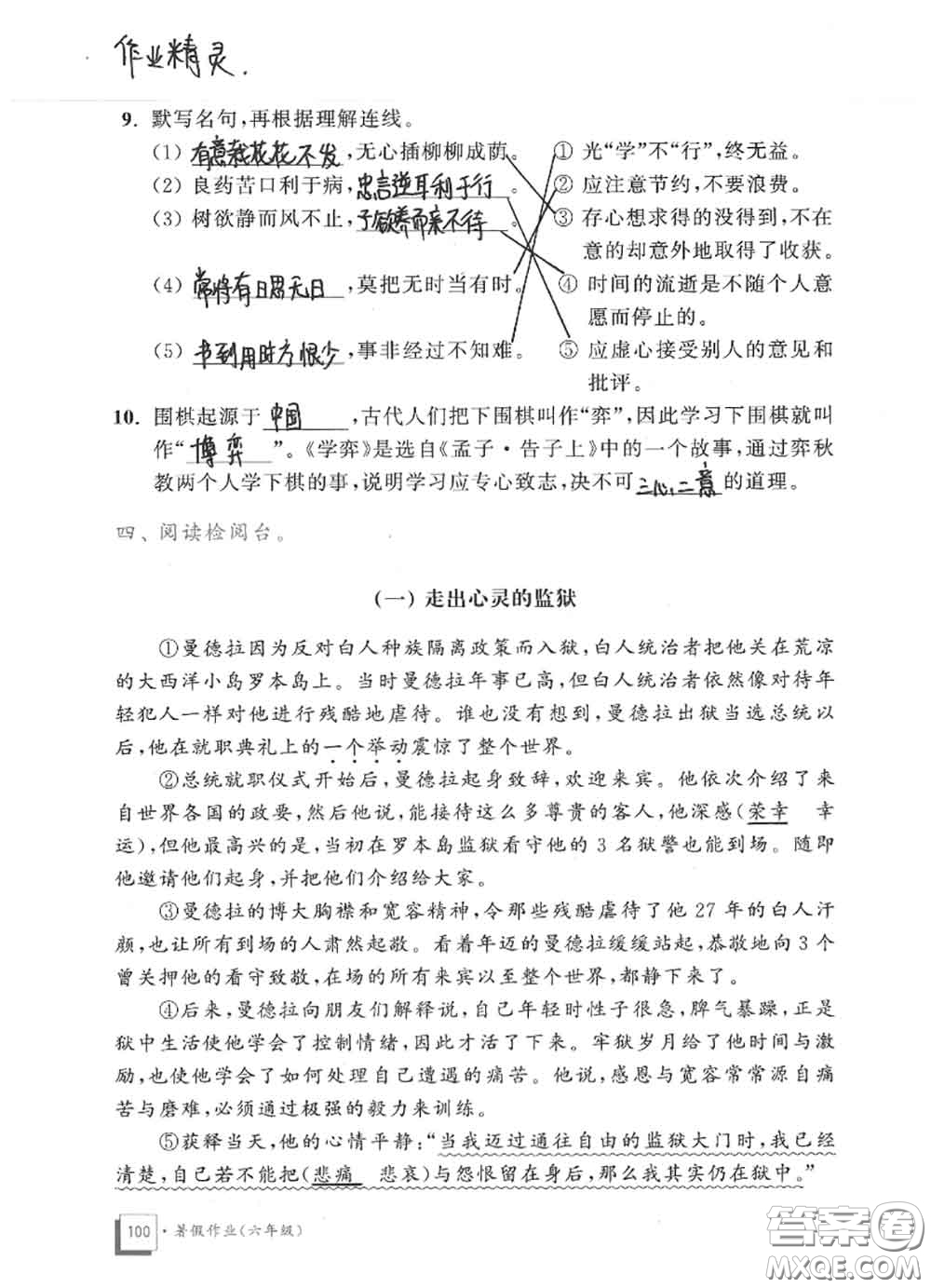 教育科學(xué)出版社2020暑假作業(yè)六年級合訂本通用版參考答案