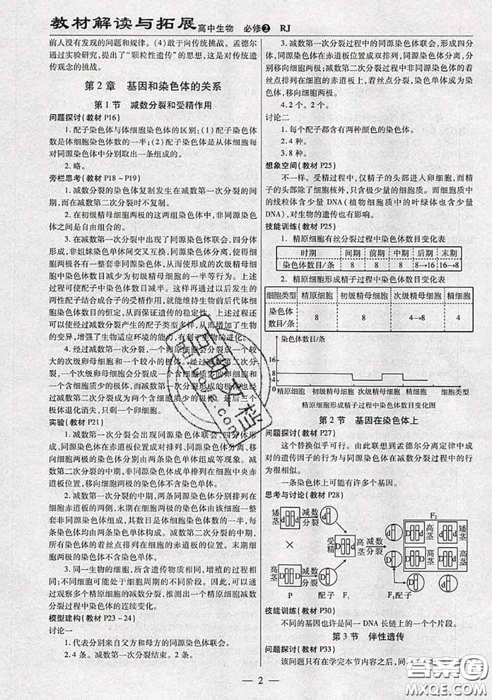 人民教育出版社2021年課本教材高中生物必修2人教版參考答案