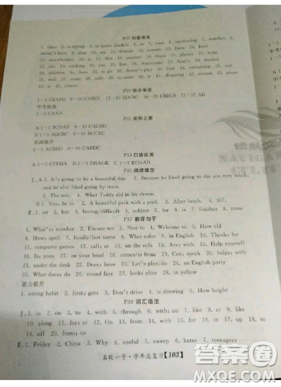 延邊大學(xué)出版社2020年名校一號(hào)學(xué)年總復(fù)習(xí)七年級(jí)英語(yǔ)人教版答案