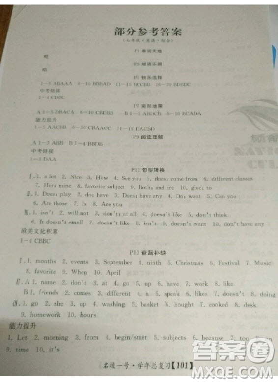 延邊大學(xué)出版社2020年名校一號(hào)學(xué)年總復(fù)習(xí)七年級(jí)英語(yǔ)人教版答案