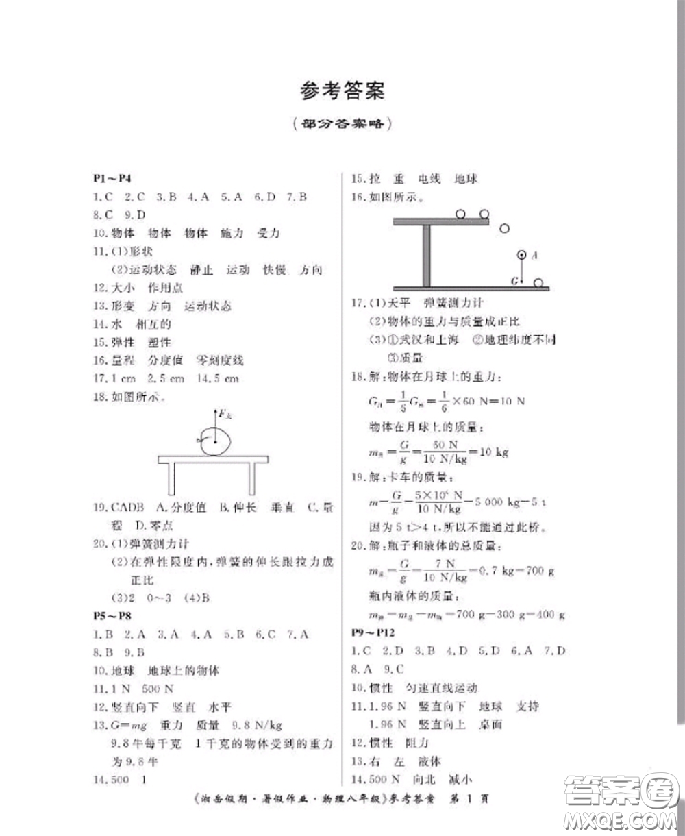 湖南大學(xué)出版社2020年湘岳假期暑假八年級(jí)物理人教版參考答案