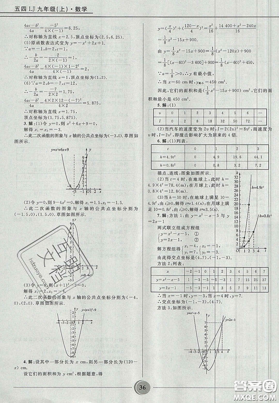 山東教育出版社2020義務教育教科書九年級數(shù)學上冊魯教版答案