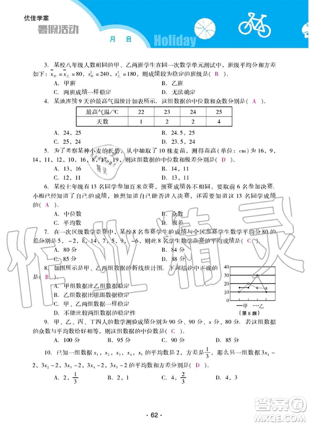 2020年優(yōu)佳學(xué)案暑假活動(dòng)八年級(jí)數(shù)學(xué)人教版參考答案