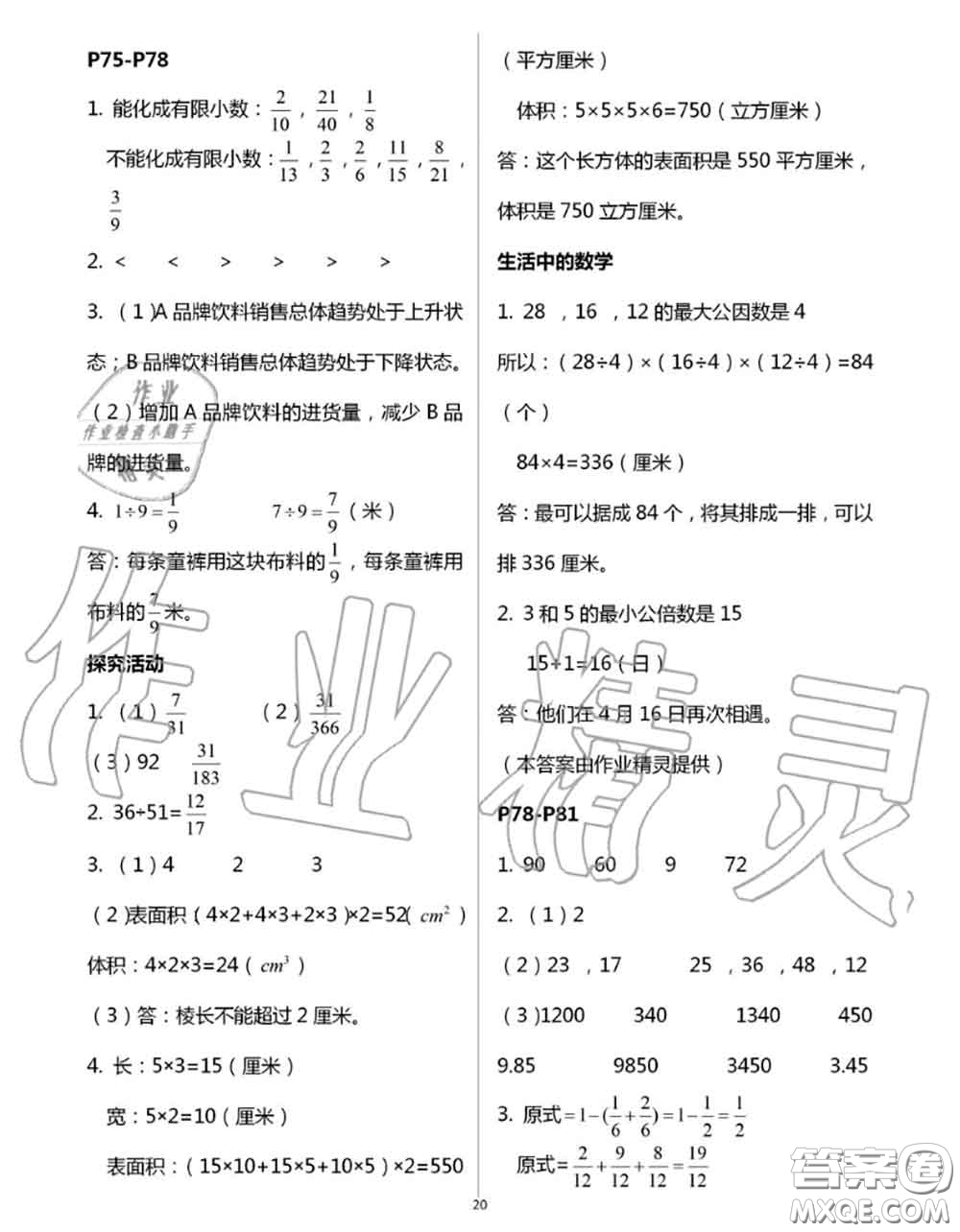 安徽少年兒童出版社2020年暑假作業(yè)五年級數(shù)學(xué)人教版參考答案