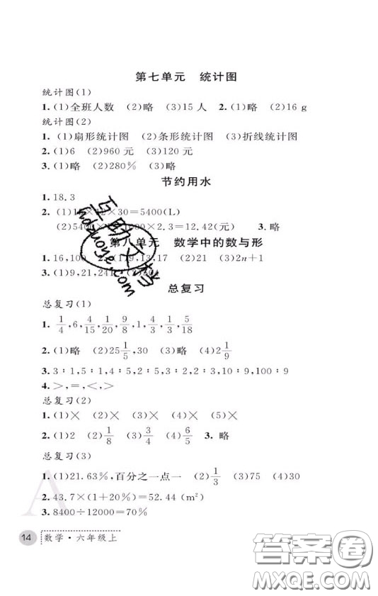 陜西師范大學(xué)出版社2020春課堂練習(xí)冊六年級(jí)數(shù)學(xué)上冊A版答案