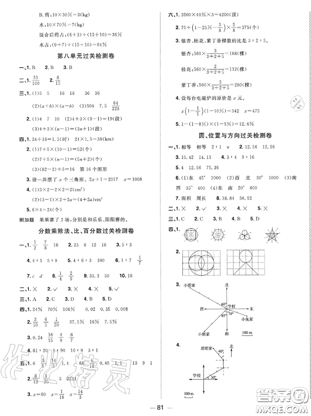 2020年秋陽光同學(xué)一線名師全優(yōu)好卷六年級數(shù)學(xué)上冊人教版參考答案