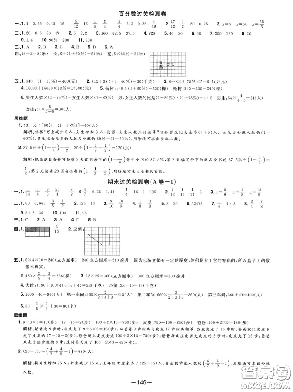 2020年秋陽(yáng)光同學(xué)一線名師全優(yōu)好卷六年級(jí)數(shù)學(xué)上冊(cè)蘇教版參考答案