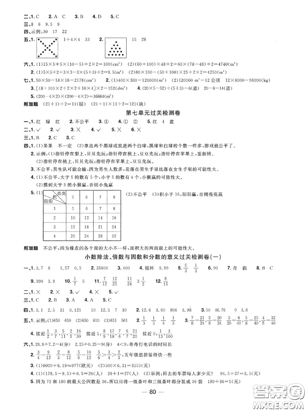 2020年秋陽(yáng)光同學(xué)一線名師全優(yōu)好卷五年級(jí)數(shù)學(xué)上冊(cè)北師版參考答案