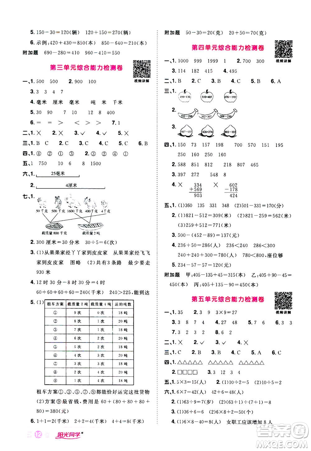 2020年陽(yáng)光同學(xué)課時(shí)達(dá)標(biāo)訓(xùn)練數(shù)學(xué)三年級(jí)上冊(cè)R人教版浙江專版答案