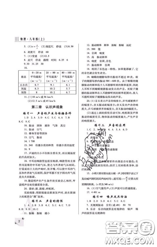 2020年課堂練習(xí)冊(cè)八年級(jí)物理上冊(cè)A版答案