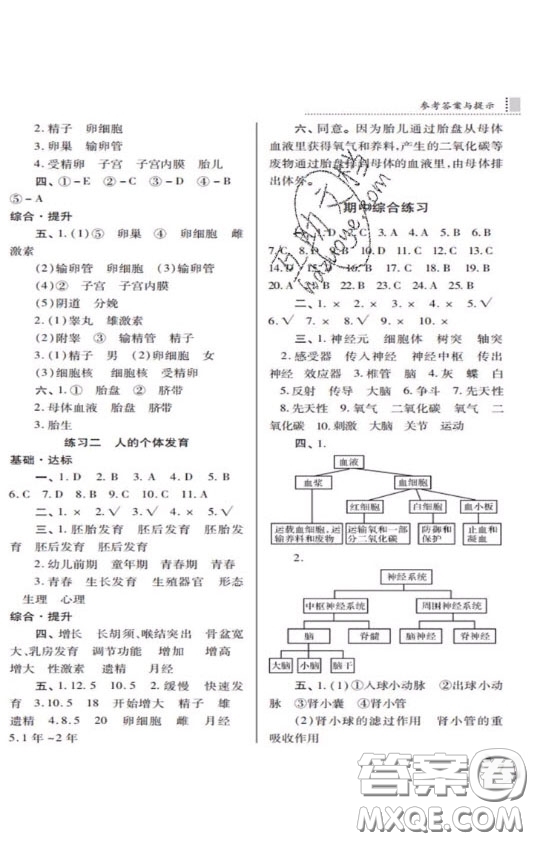 2020年課堂練習(xí)冊(cè)八年級(jí)生物上冊(cè)D版答案