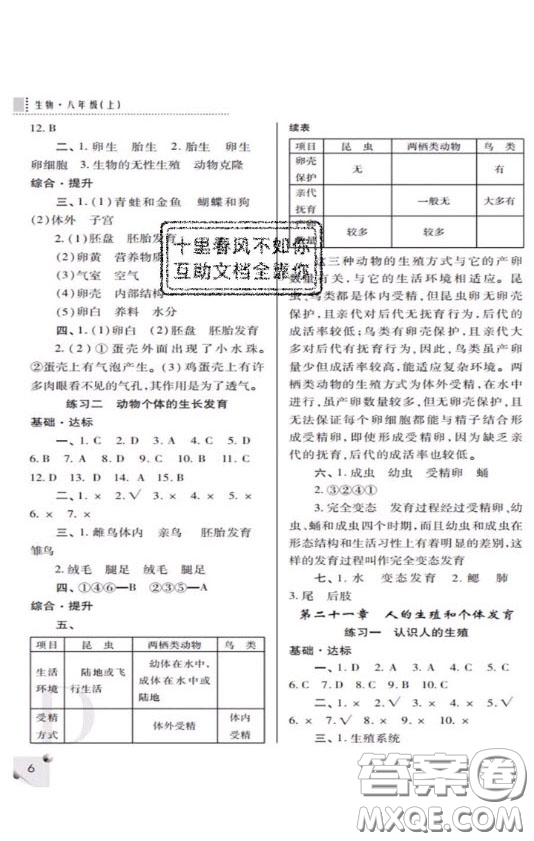 2020年課堂練習(xí)冊(cè)八年級(jí)生物上冊(cè)D版答案