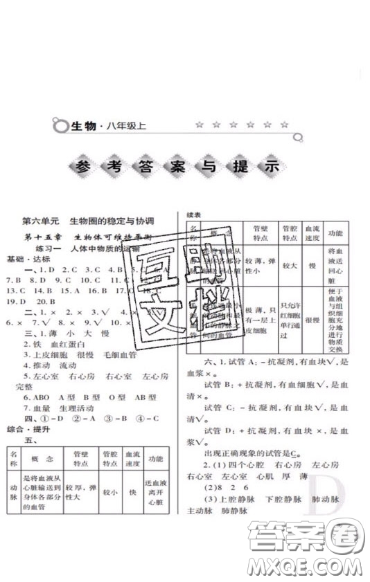 2020年課堂練習(xí)冊(cè)八年級(jí)生物上冊(cè)D版答案