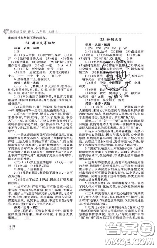 2020年課堂練習(xí)冊八年級語文上冊A版答案