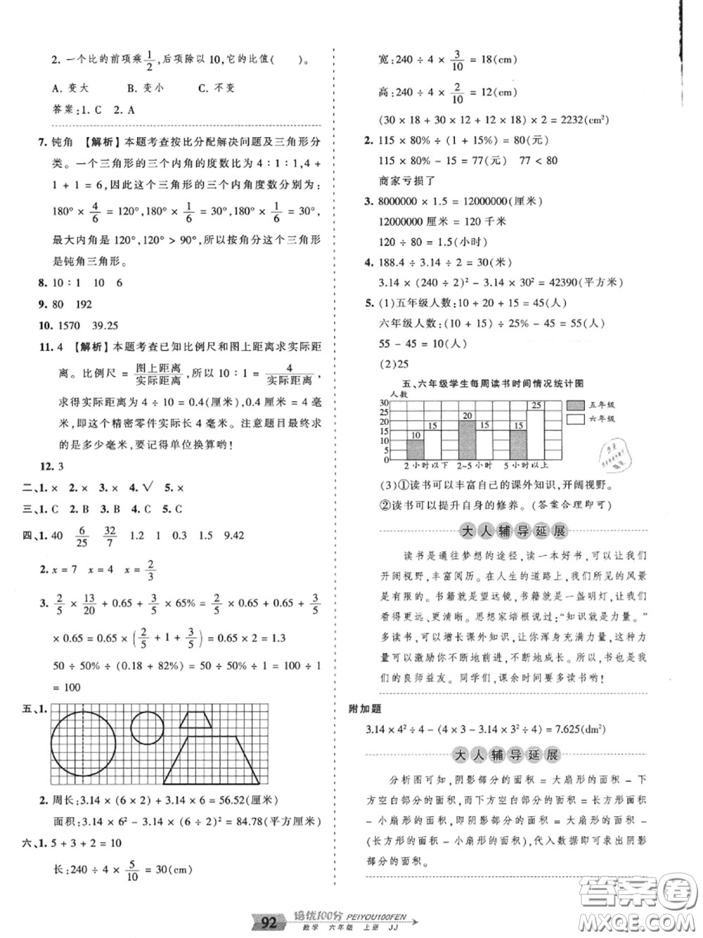 2020年秋王朝霞培優(yōu)100分六年級數(shù)學(xué)上冊冀教版參考答案