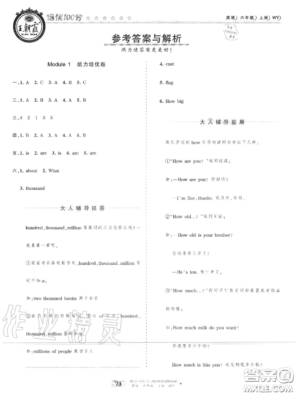 2020年秋王朝霞培優(yōu)100分六年級(jí)英語上冊(cè)外研版參考答案