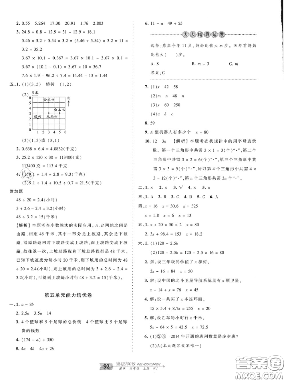 2020年秋王朝霞培優(yōu)100分五年級數(shù)學上冊人教版參考答案