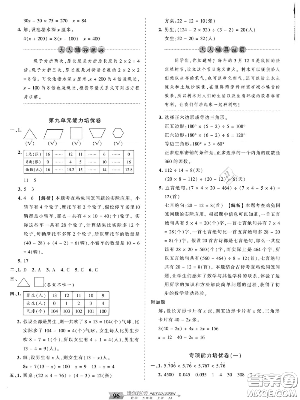 2020年秋王朝霞培優(yōu)100分五年級數(shù)學(xué)上冊冀教版參考答案