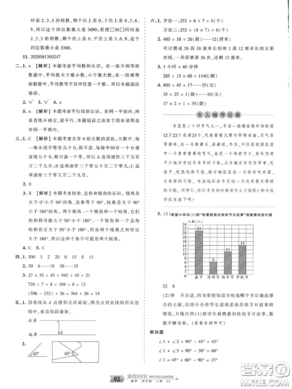 2020年秋王朝霞培優(yōu)100分四年級(jí)數(shù)學(xué)上冊(cè)冀教版參考答案