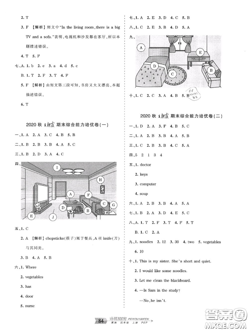 2020年秋王朝霞培優(yōu)100分四年級(jí)英語上冊(cè)人教版參考答案