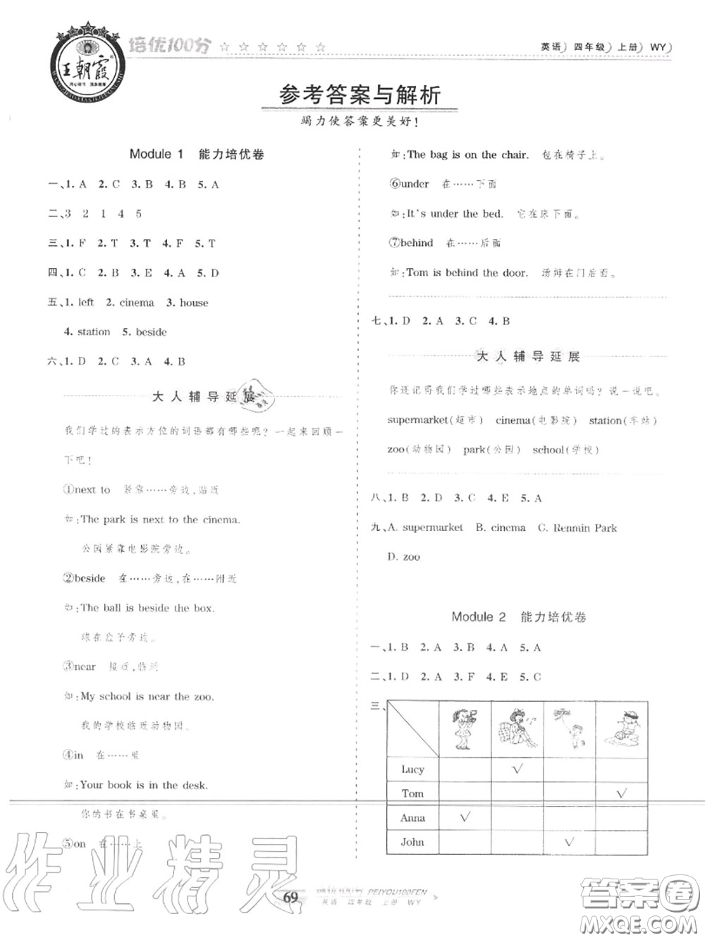 2020年秋王朝霞培優(yōu)100分四年級英語上冊外研版參考答案