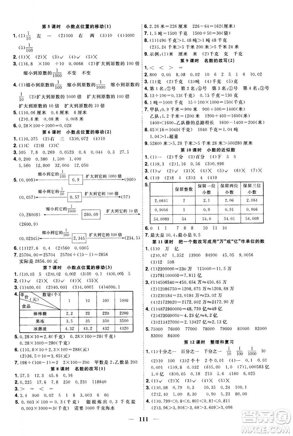 2020年陽光同學(xué)課時優(yōu)化作業(yè)數(shù)學(xué)四年級上冊QD青島版五四制答案