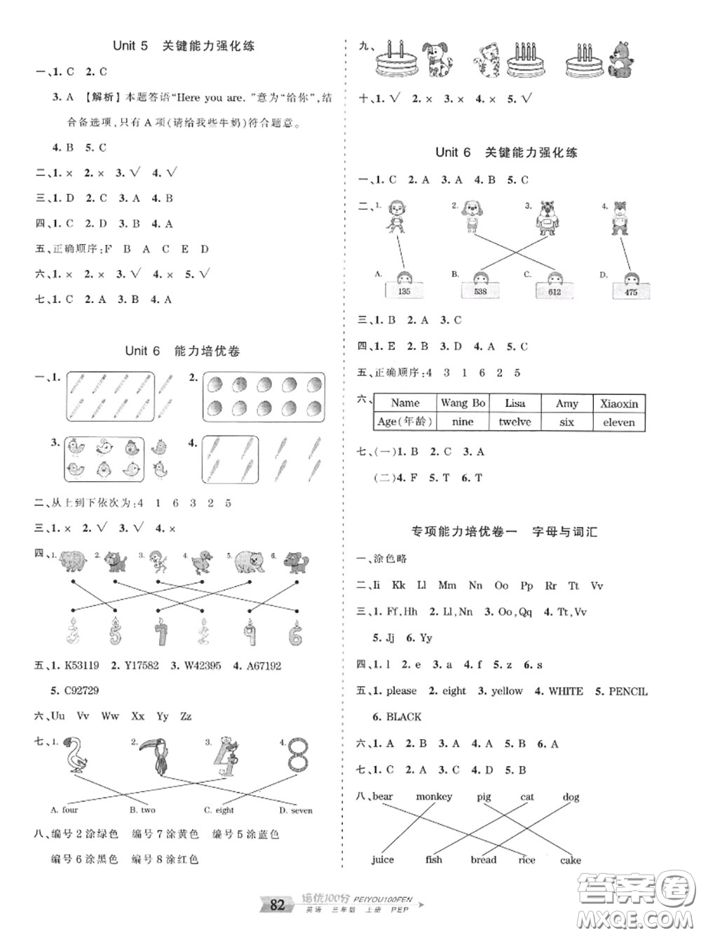 2020年秋王朝霞培優(yōu)100分三年級英語上冊人教版參考答案