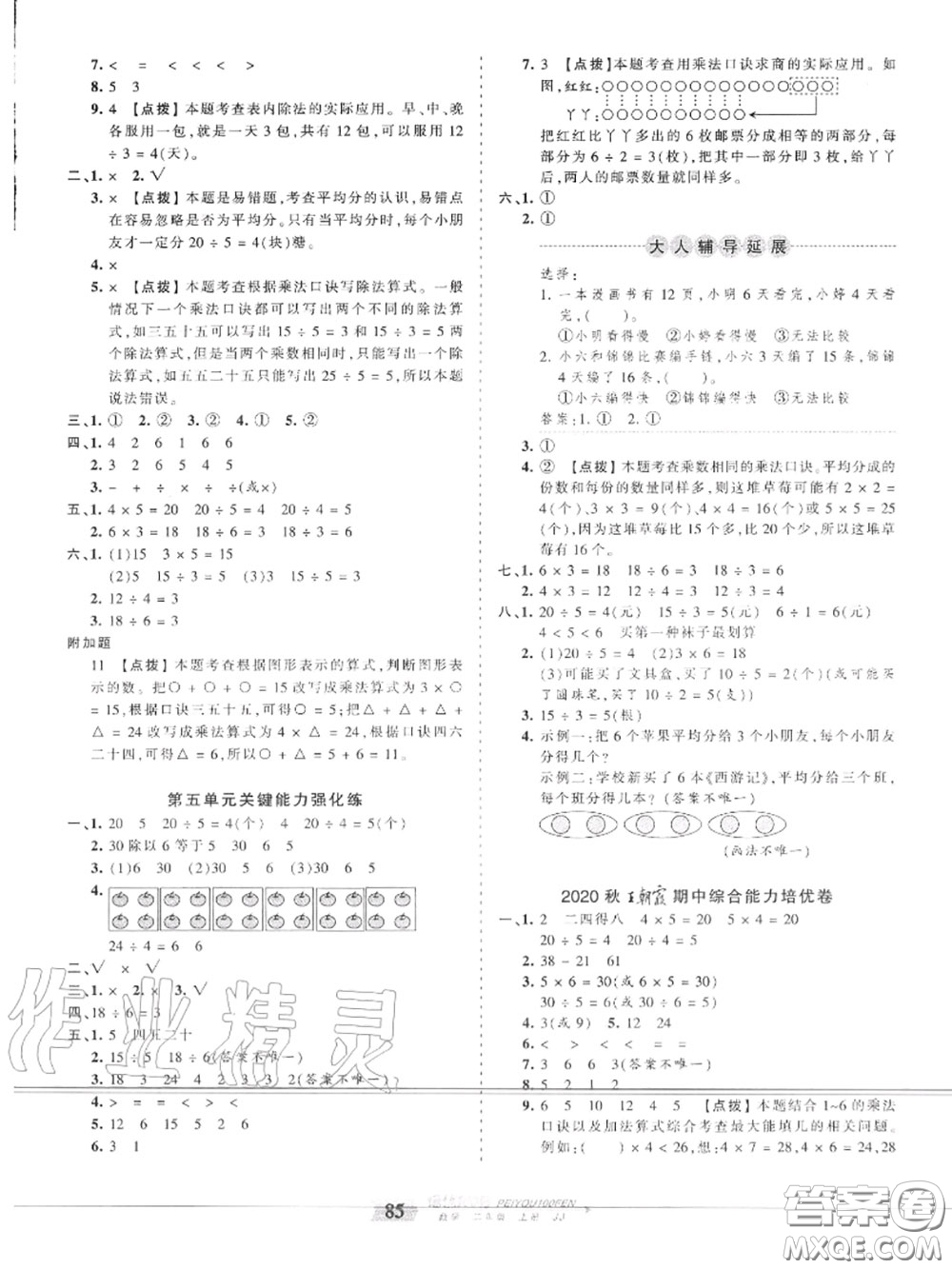 2020年秋王朝霞培優(yōu)100分二年級數(shù)學上冊冀教版參考答案