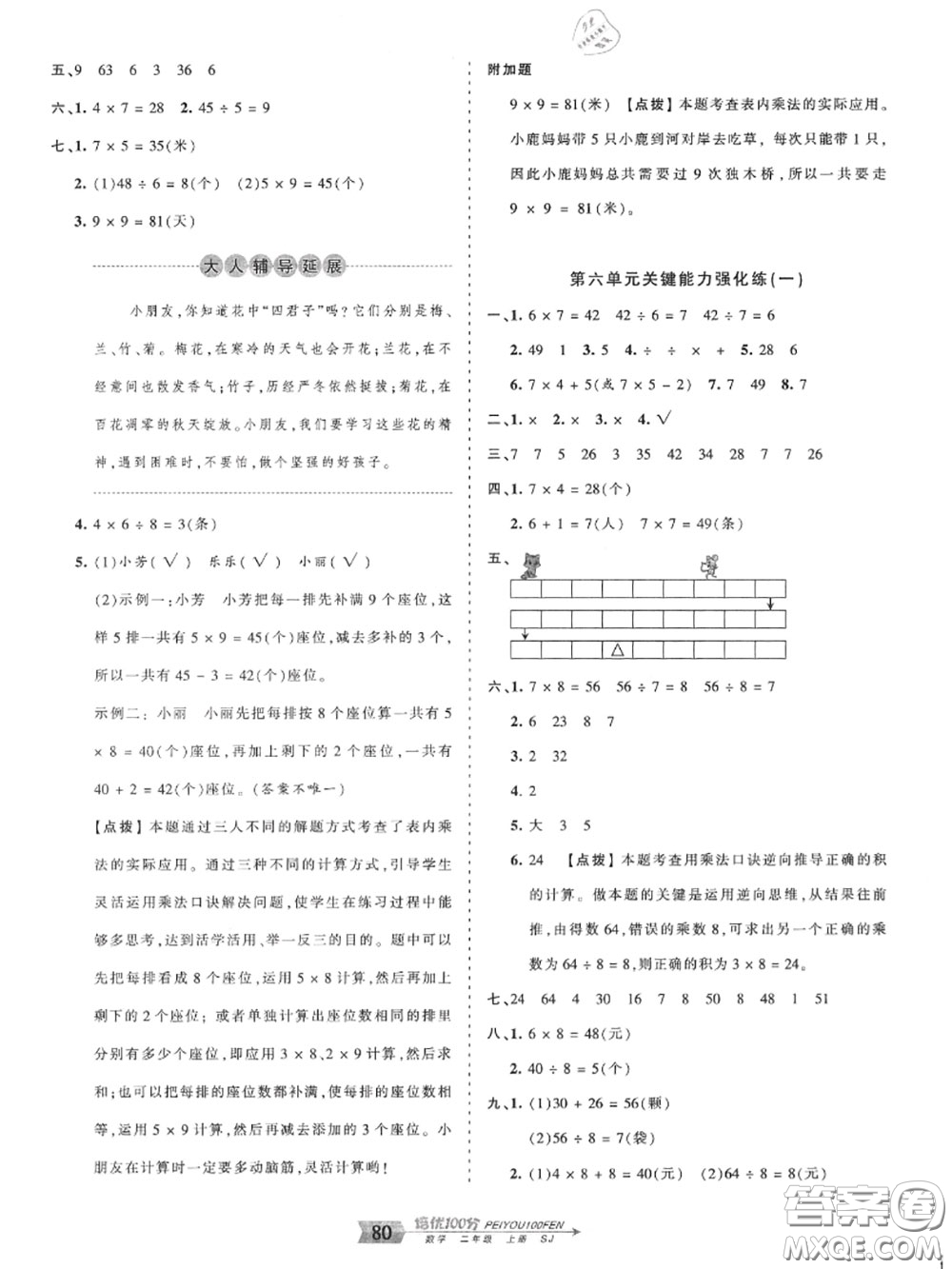 2020年秋王朝霞培優(yōu)100分二年級數(shù)學上冊蘇教版參考答案