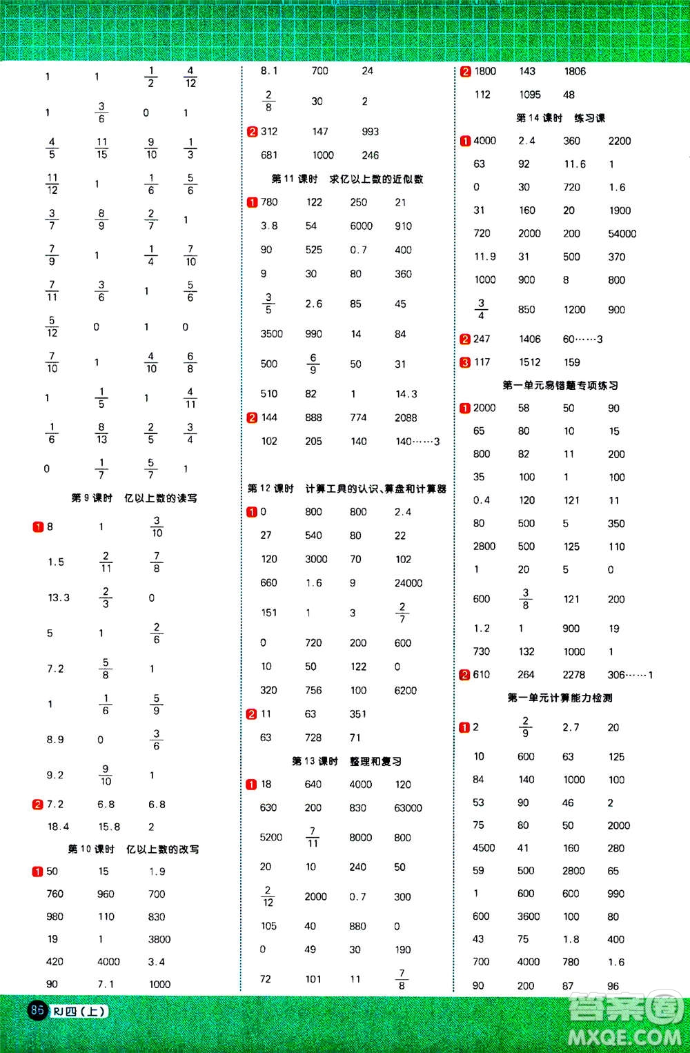 2020年陽(yáng)光同學(xué)計(jì)算小達(dá)人數(shù)學(xué)四年級(jí)上冊(cè)RJ人教版廣東專版參考答案