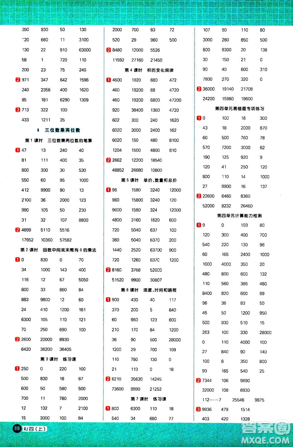 2020年陽(yáng)光同學(xué)計(jì)算小達(dá)人數(shù)學(xué)四年級(jí)上冊(cè)RJ人教版廣東專版參考答案