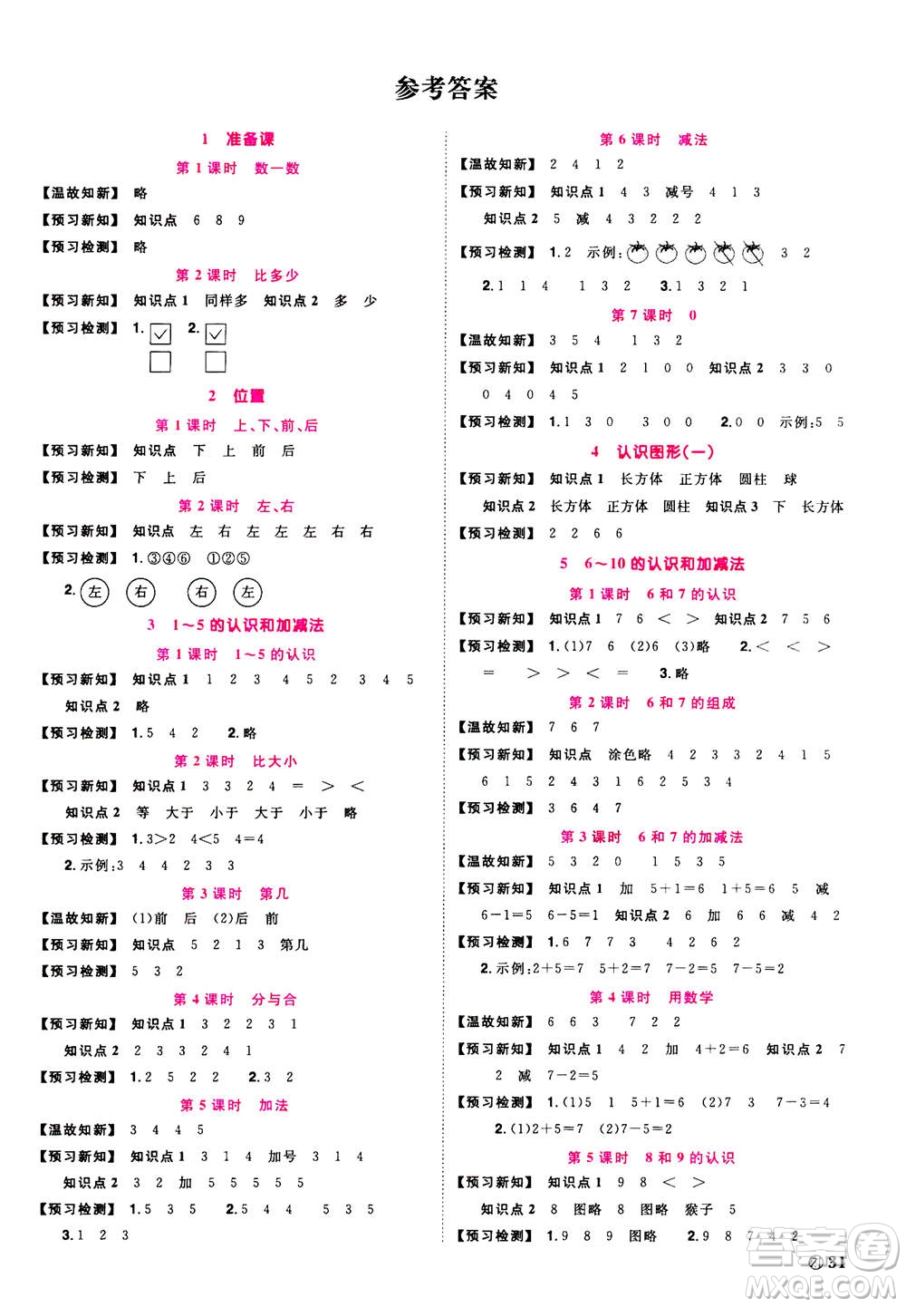 2020年陽光同學(xué)課時(shí)達(dá)標(biāo)訓(xùn)練數(shù)學(xué)一年級(jí)上冊(cè)R人教版浙江專版答案