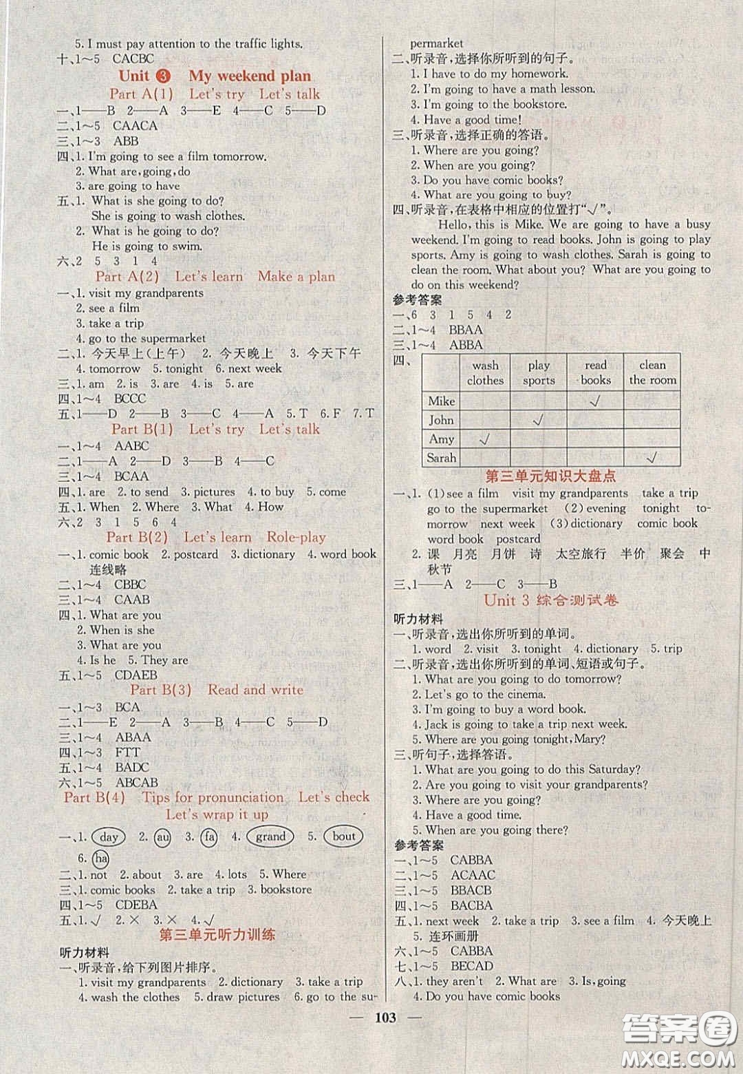 2020課堂點(diǎn)睛六年級(jí)英語上冊(cè)人教版答案