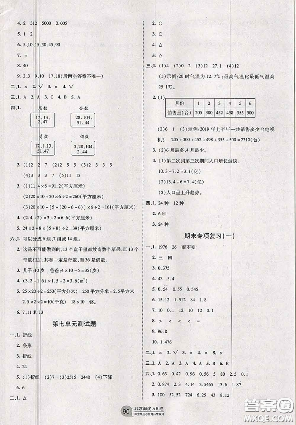 2020秋非常海淀單元測試AB卷五年級數(shù)學(xué)上冊青島版答案