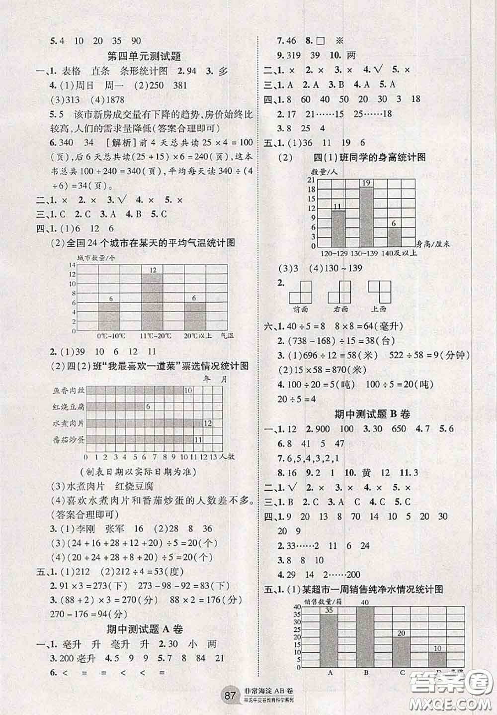 2020秋非常海淀單元測試AB卷四年級數(shù)學(xué)上冊蘇教版答案