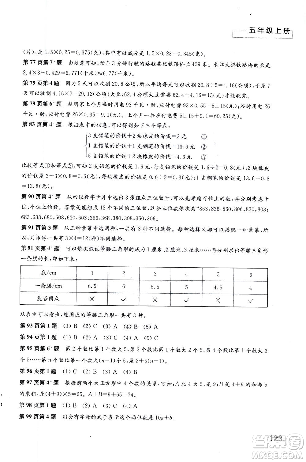 江蘇鳳凰教育出版社2020年練習與測試小學數學五年級上冊蘇教版答案