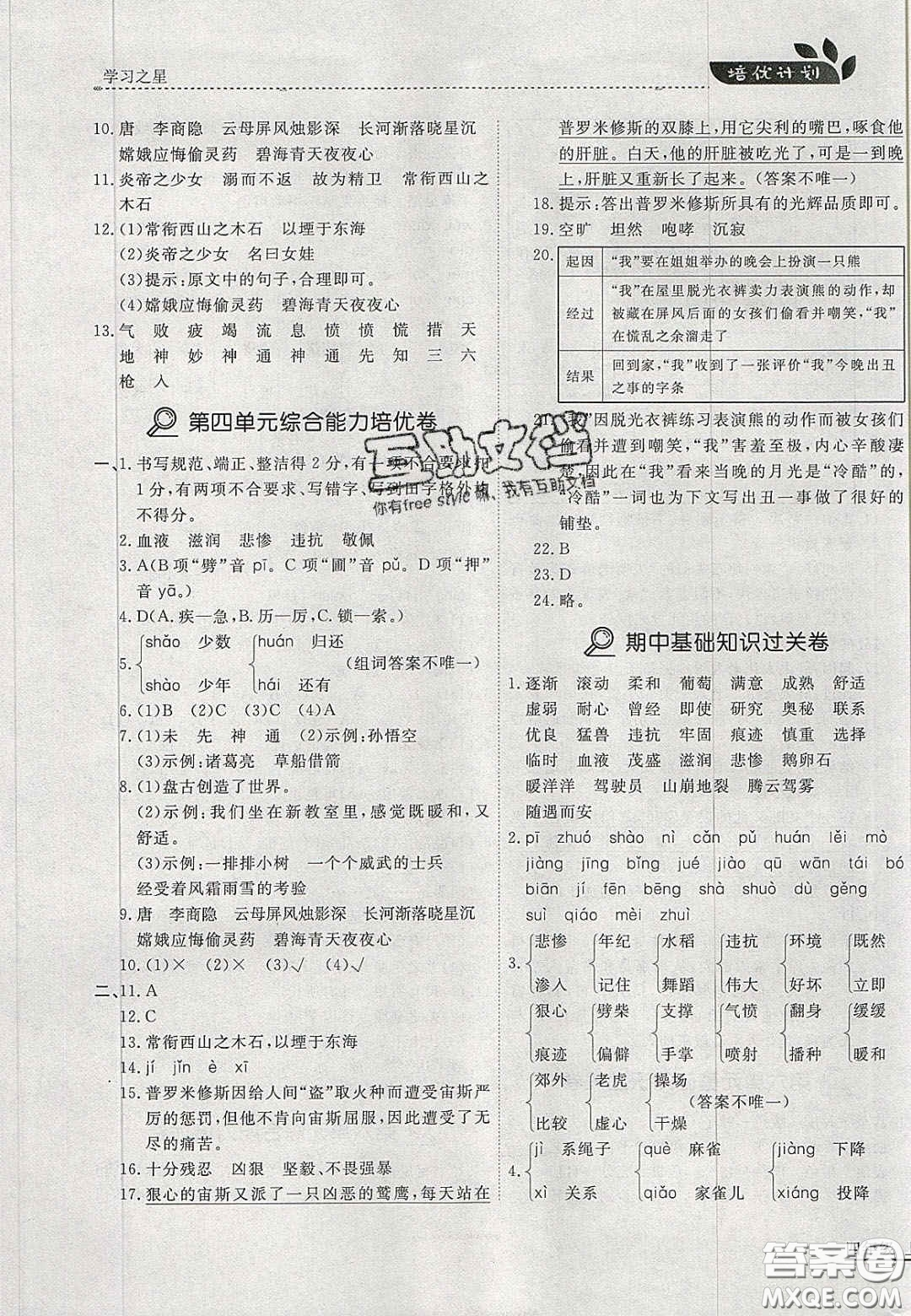 2020年學(xué)習(xí)之星培優(yōu)計劃四年級語文上冊人教版答案