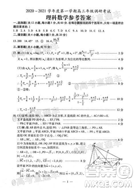 2021屆內(nèi)蒙古包頭市高三起點調(diào)研考試文理科數(shù)學(xué)試題及答案