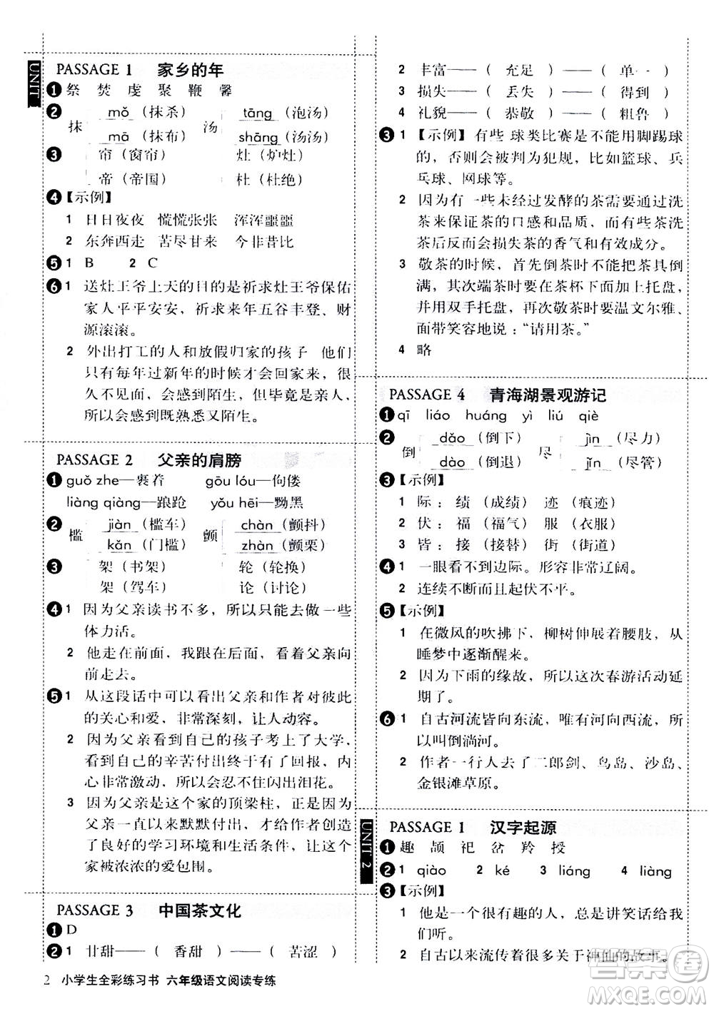 2020年小學(xué)生全彩練習(xí)本語(yǔ)文閱讀專(zhuān)練六年級(jí)通用版答案