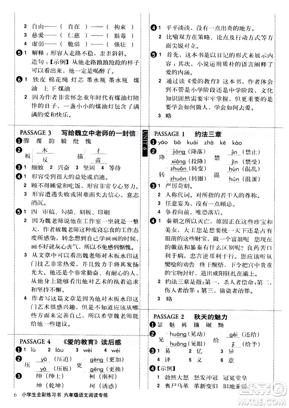 2020年小學(xué)生全彩練習(xí)本語(yǔ)文閱讀專(zhuān)練六年級(jí)通用版答案