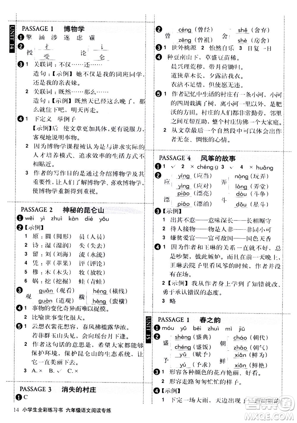 2020年小學(xué)生全彩練習(xí)本語(yǔ)文閱讀專(zhuān)練六年級(jí)通用版答案