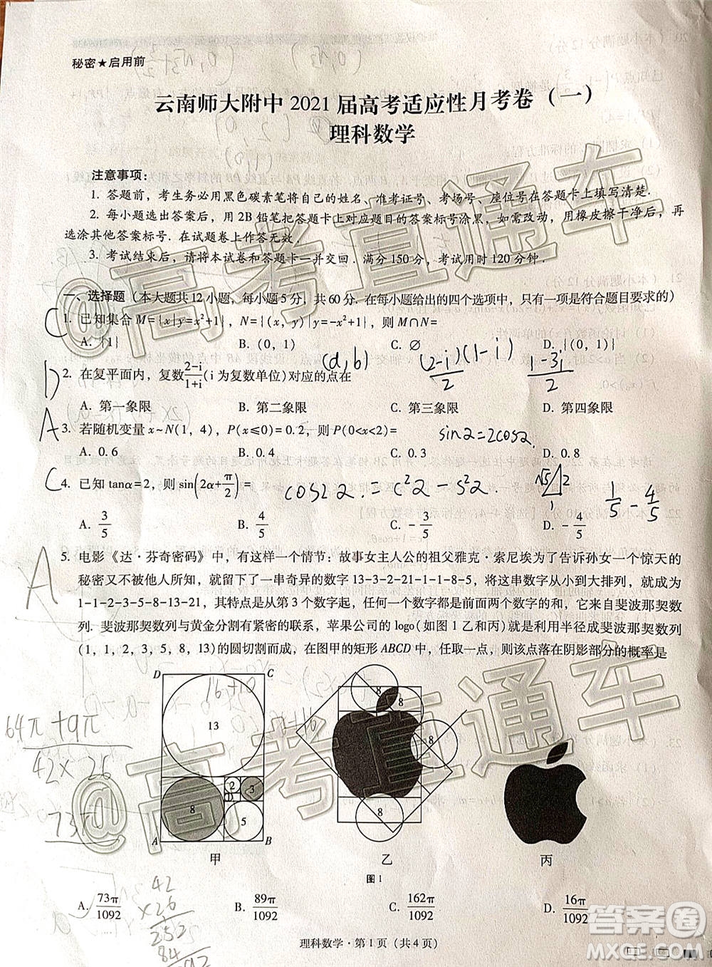 云南師大附中2021屆高考適應性月考卷一理科數(shù)學試題及答案