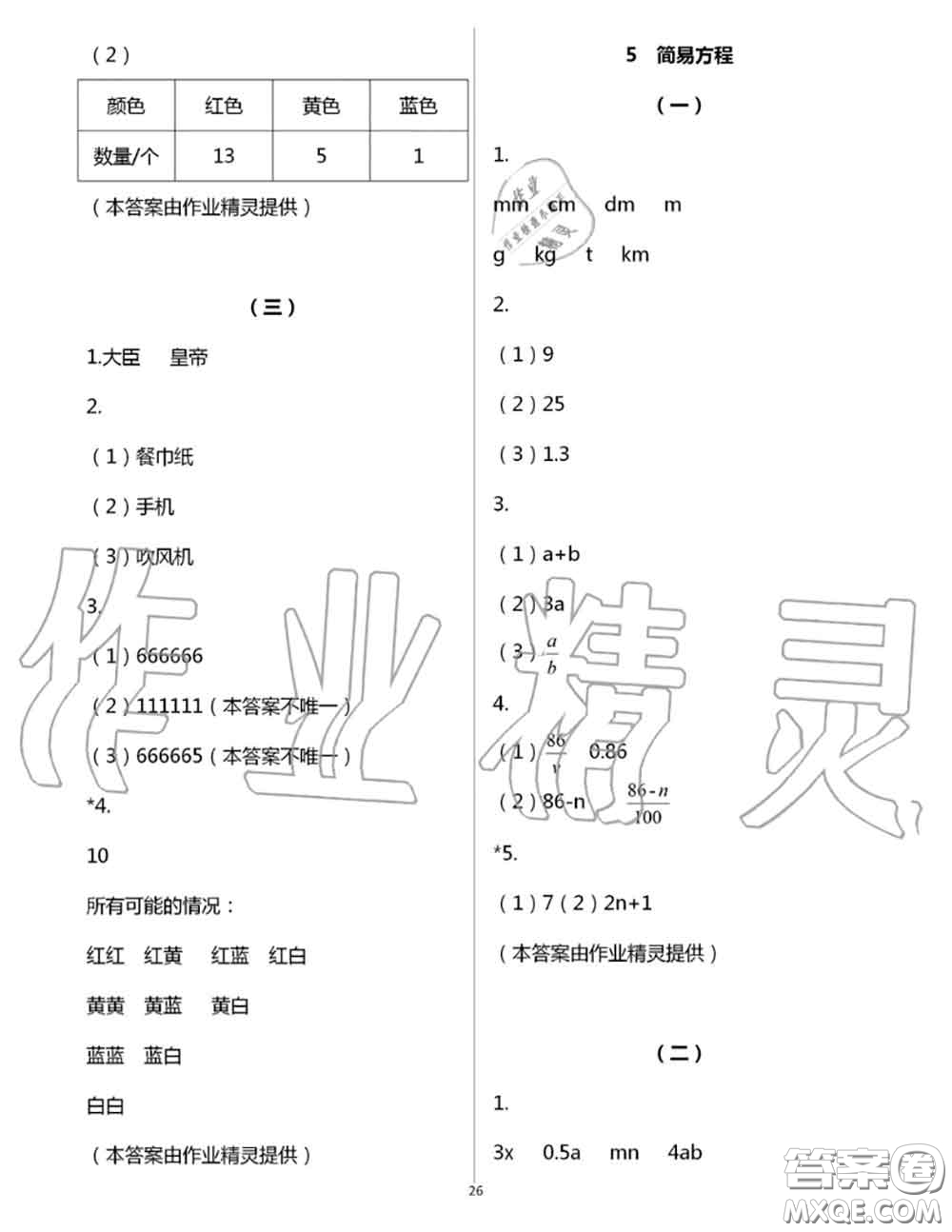 浙江教育出版社2020年數(shù)學(xué)作業(yè)本五年級(jí)上冊(cè)人教版參考答案