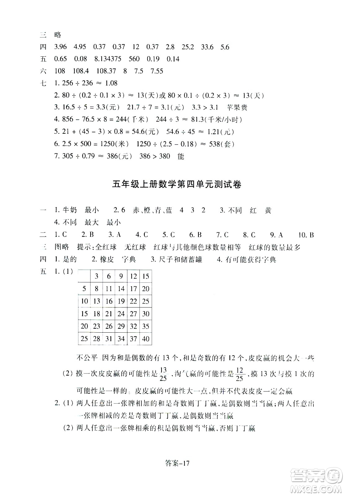 浙江少年兒童出版社2020年每課一練小學(xué)數(shù)學(xué)五年級上冊R人教版答案