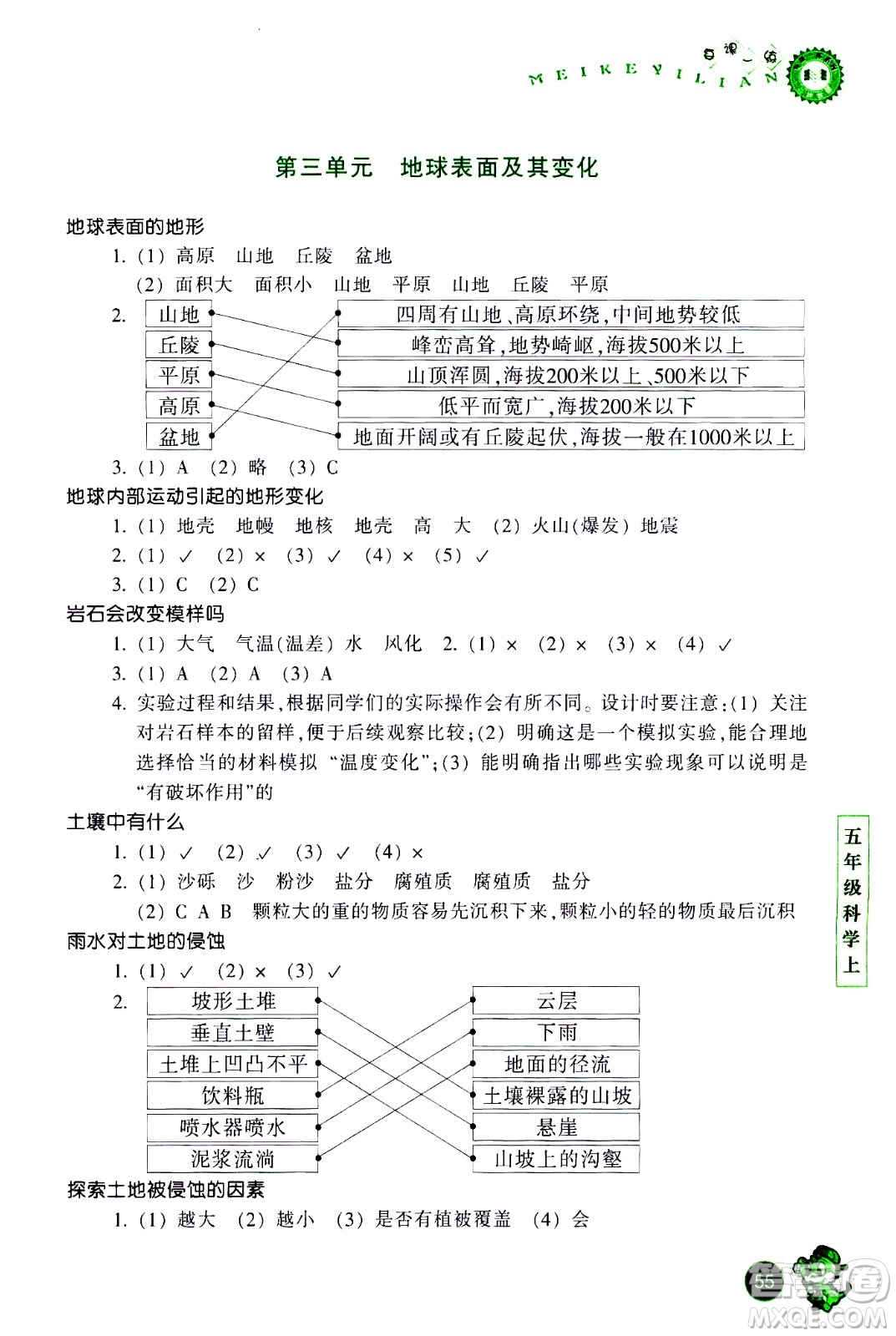 浙江少年兒童出版社2020年每課一練小學(xué)科學(xué)五年級上冊J教科版優(yōu)化版答案