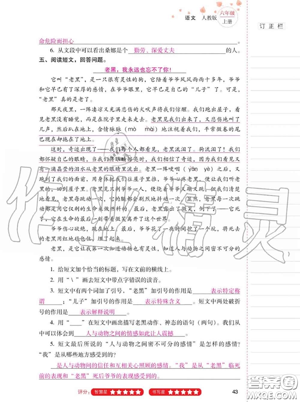 2020年秋同步指導(dǎo)訓(xùn)練與檢測(cè)六年級(jí)語(yǔ)文上冊(cè)人教版參考答案