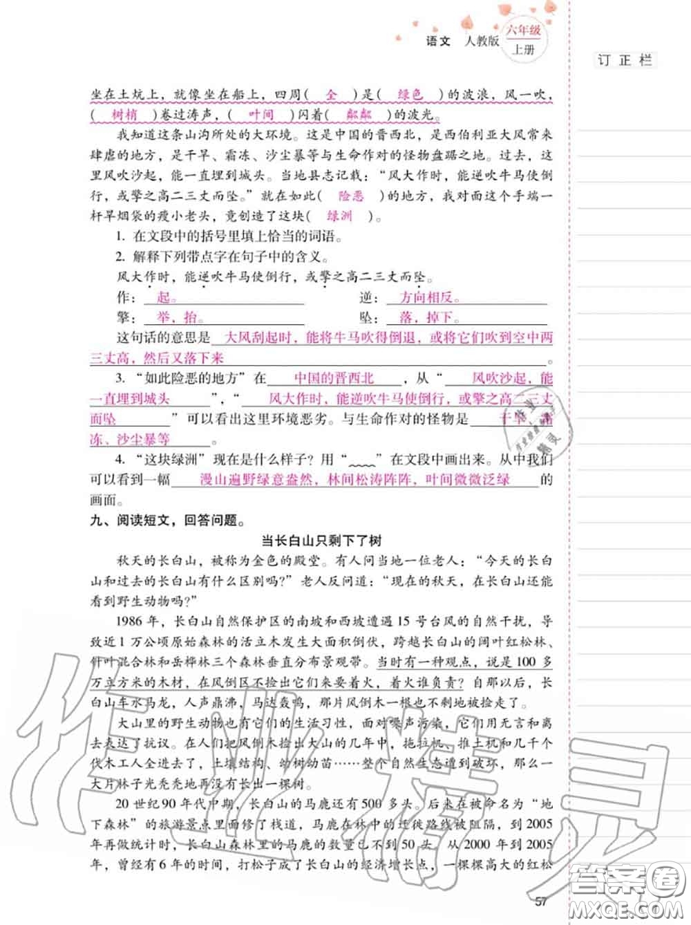 2020年秋同步指導(dǎo)訓(xùn)練與檢測(cè)六年級(jí)語(yǔ)文上冊(cè)人教版參考答案